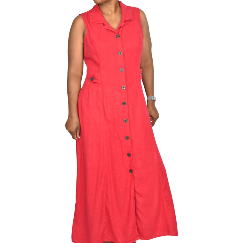 Vintage Erika Linen Blend Dress Red Maxi Cutout Button Front Shirtdress Medium